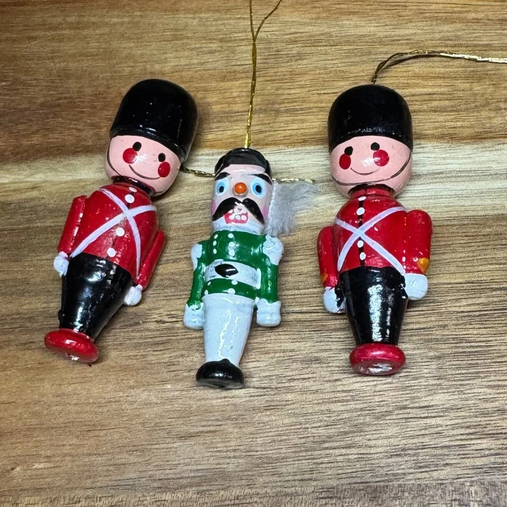 Vtg Wooden Nutcracker British Guard Christmas Ornaments Set of 3 Hand Painted